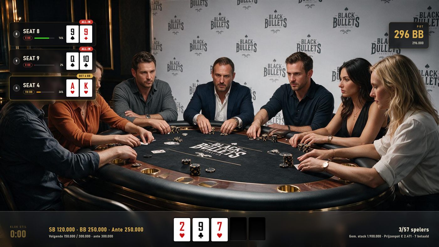 TableTell camera overlay scene: player strips and pot box composited over the live table camera