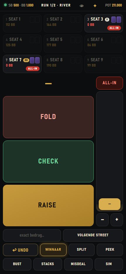 TableTell director's remote on a phone: fold, check, raise slider, side pots and undo