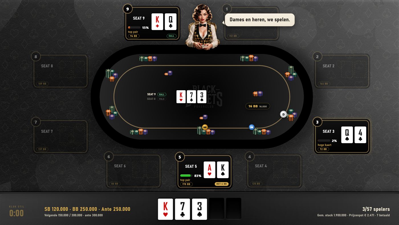 TableTell table scene: nine seats with live win percentages, chip stacks, blinds and tournament clock